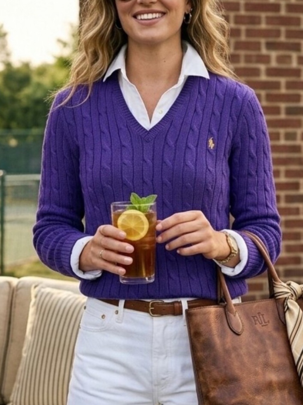 NWT Ralph Lauren Sport Purple Cable Knit V-Neck Cotton Sweater - XL